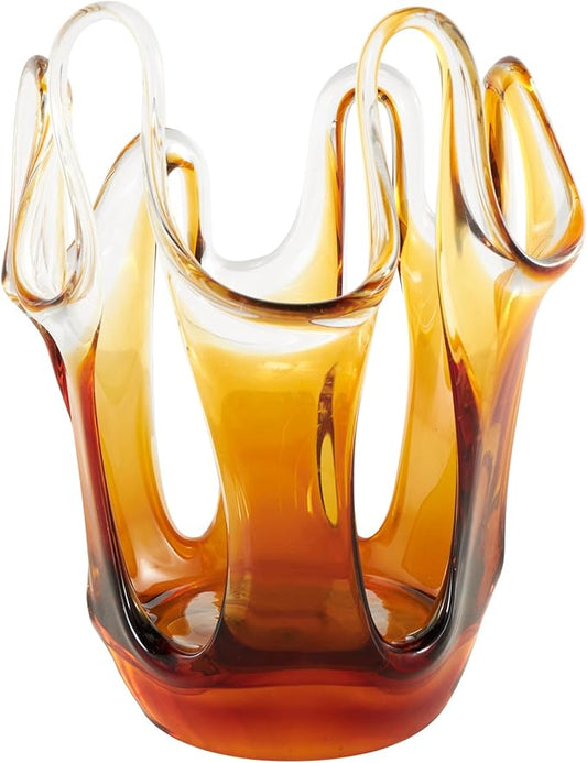 Deco 79 Glass Abstract Decorative Vase Ombre Centerpiece Vase with Wavy Oval Cutouts, Flower Vase for Home Decoration 9" x 8" x 12", Orange