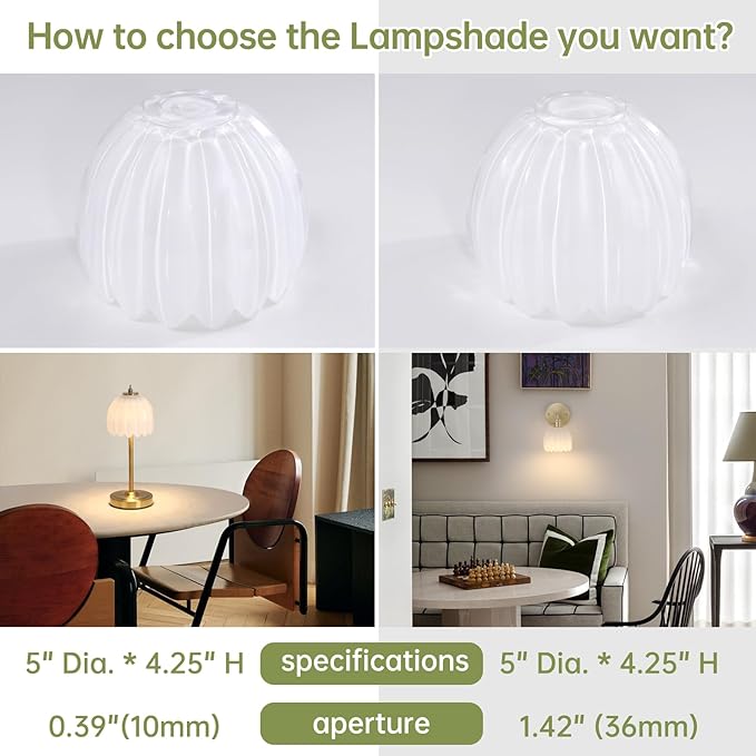 Tulip Lamp Shades Replacement, 5" Dia. * 4.25" H，0.394” Top Hole White Glass Sconce Shade Heavy and Thick for Table Lamp, 2 Pack