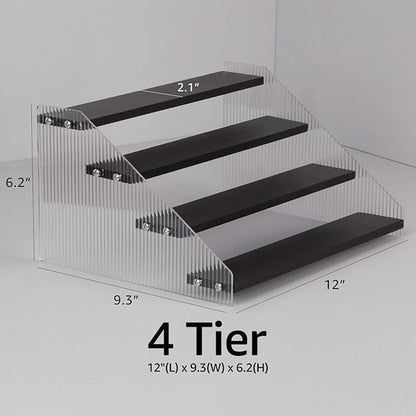 nianfeng Tiered Spice Rack, 4-Tier Spice Pantry Kitchen Cabinet Organizer, 12-Inch, Natural Wood Acrylic Stair Riser Stand, Countertop Seasoning Shelf (Black)