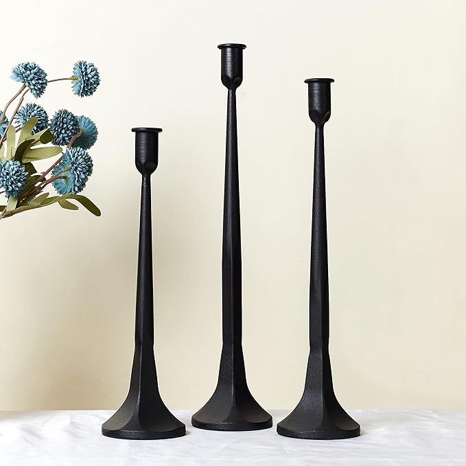 Iron Taper Candle Holder Set of 3 15.5” 14” 12” Decorative Modern Vintage Metal Tall Candlestick Holders for Wedding, Dinning Table,Mantle, Party Decoration (3, Black)