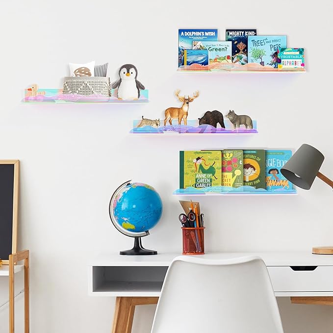 Iridescent Rainbow Acrylic Floating Shelves,15in Kids Wall Mounted Nursery Bookshelves, Display Ledge for Books Toys Cosmetic, Bathroom Bedroom Living Room Wall Decor and Storage, 4 Pack