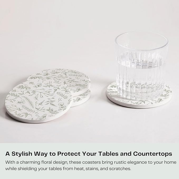Set of 6 Floral Sage and White Coasters with Holder, Absorbent Ceramic Drink Coasters with Cork Backing for Table Protection, Coffee Table Décor