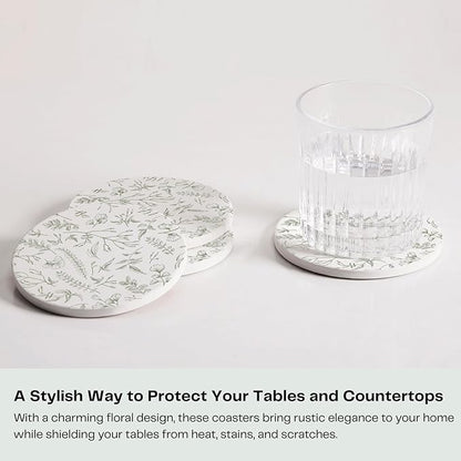 Set of 6 Floral Sage and White Coasters with Holder, Absorbent Ceramic Drink Coasters with Cork Backing for Table Protection, Coffee Table Décor