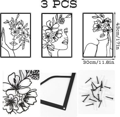 DETENE 3 Pieces Black Metal Wall Decor Minimalist Abstract Metal Wall Art Modern Woman Line Art Decor Single Line Art Décor for Living Room Bedroom Bathroom Kitchen Office(L Size 17 x 11.8'')