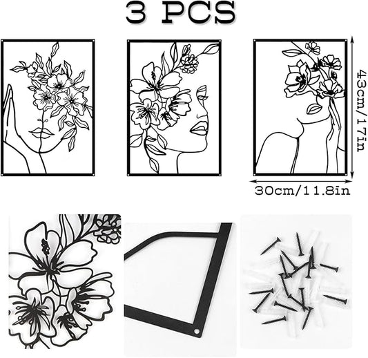 DETENE 3 Pieces Black Metal Wall Decor Minimalist Abstract Metal Wall Art Modern Woman Line Art Decor Single Line Art Décor for Living Room Bedroom Bathroom Kitchen Office(L Size 17 x 11.8'')