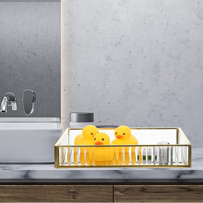Alloy Frame Glass Jewelry Storage Tray Small Striped Mirror Surface Organizer for Earrings Lipstick Perfume Decorative Dish for Home Vanity and Desktop Tidying
