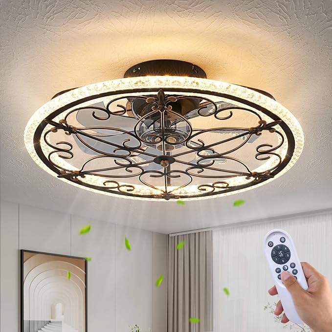 Rustic Black Caged Ceiling Fan with Light, Farmhouse Caged Ceiling Fan with Remote, LED Low Profile Ceiling Light for Bedroom Kitchen Living Room