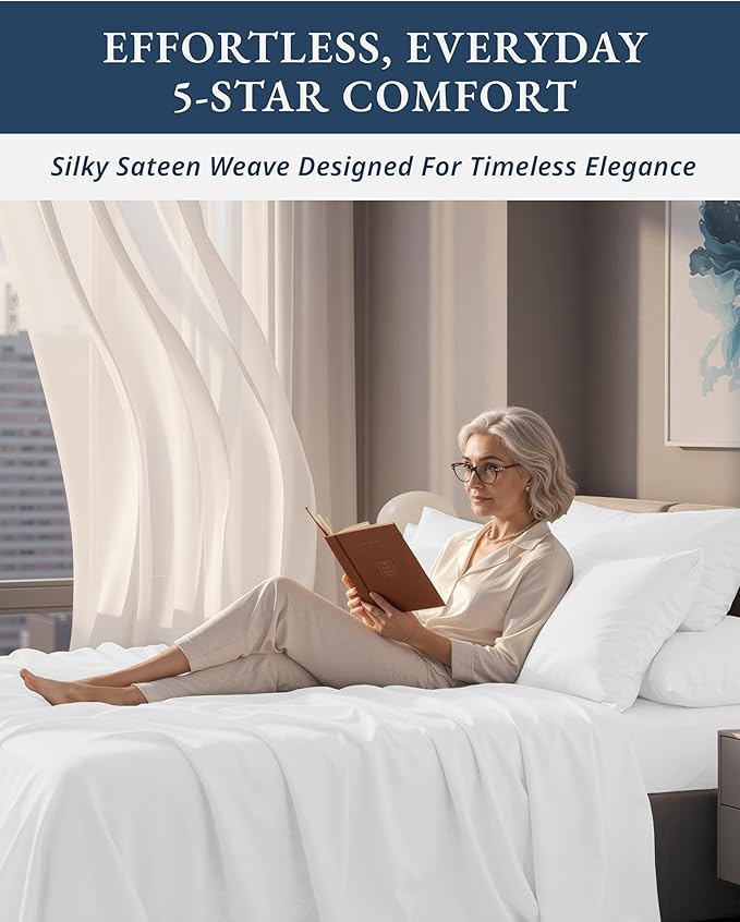 LANE LINEN Ultra Soft Queen Size Sheets Set,100% Egyptian Cotton Mercerized Fully Elasticized with French Seam on Fitted Hotel Like Thick Luxury Bed Sheets Queen Size - Brilliant White