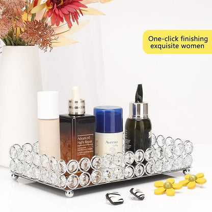 Elegant Silver Crystal Mirror Perfume Tray for Vanity, Coffee Table, and Home Decor - Small Glass Tray for Jewelry, Perfume, and Decorative Items - Bandeja para Perfumes, Perfume Trays for Dresser