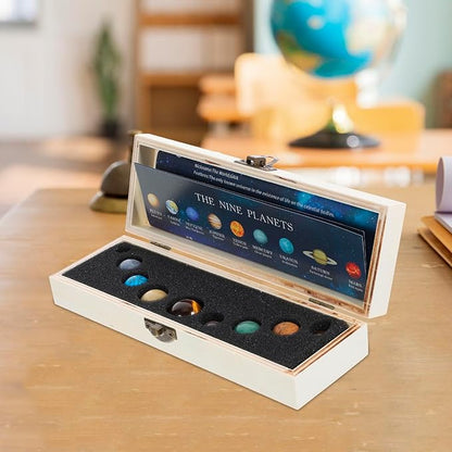Garneck Mineral Nine Planets Solar System Decor Set with Natural Crystal Spheres, Round Planet Stones Desktop Adornments for Science Education and Home Display in Wooden Box