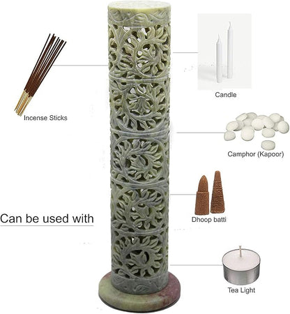 Carry Me Marble Soapstone Incense Stick Holder | Candle Burner | Tea Light Holder - Perfect Handmade Floral Carving for Gifting. Decorative Home and Office Decor.(3 x 3 x 11 Inches)
