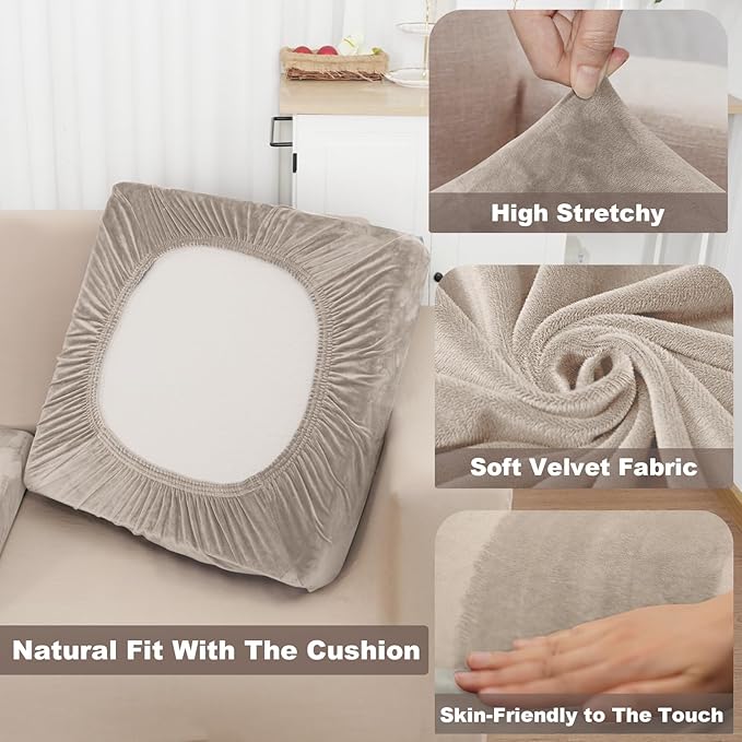 NAISI Couch Cushion Covers 3 Pieces Velvet Stretch Sofa Seat Covers or Backrest Covers Soft Individual Couch Covers for Sectional Sofa(3 Pcs for 3-Seat Cushion,Taupe)