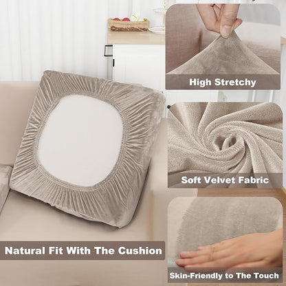 NAISI Couch Cushion Covers 3 Pieces Velvet Stretch Sofa Seat Covers or Backrest Covers Soft Individual Couch Covers for Sectional Sofa(3 Pcs for 3-Seat Cushion,Taupe)