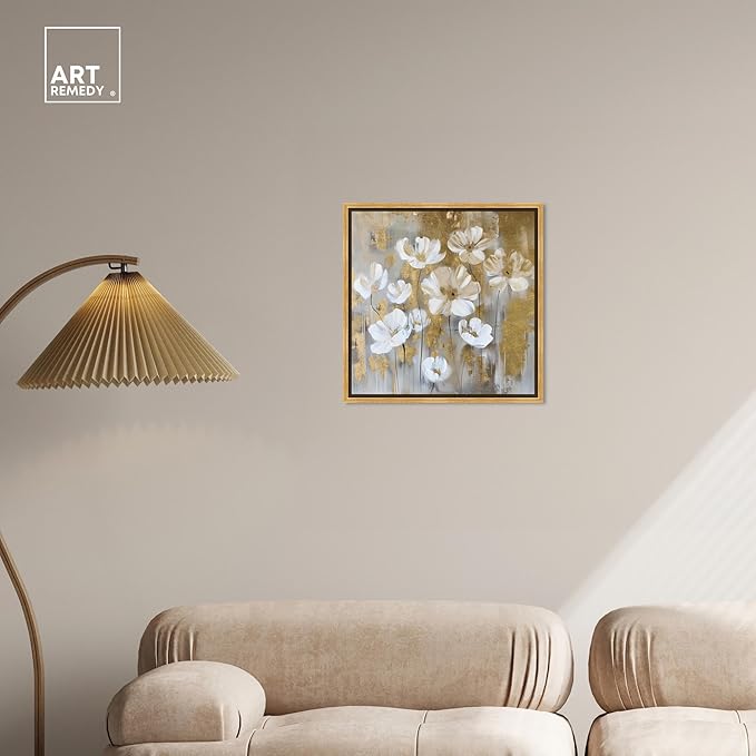 Art Remedy Golden Daisies Canvas Elegant White Gold Wall Art, Gold Frame, 20" x 20"