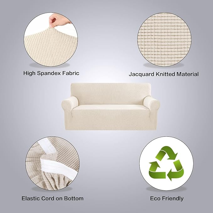 H.VERSAILTEX Stretch Couch Covers for Sofa 1 Piece Slipcovers for Couches and Sofas 3 Seater Couch Cover Feature Thick Checked Jacquard Fabric with Elastic Bottom(Large Sofa 90"-100" Wide, Natural)