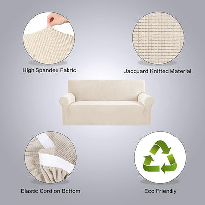 H.VERSAILTEX Stretch Oversized Couch Cover 1 Piece Sofa Slipcovers for Living Room Feature Thick Checked Jacquard Fabric with Elastic Bottom, Sofa X-Large - Natural