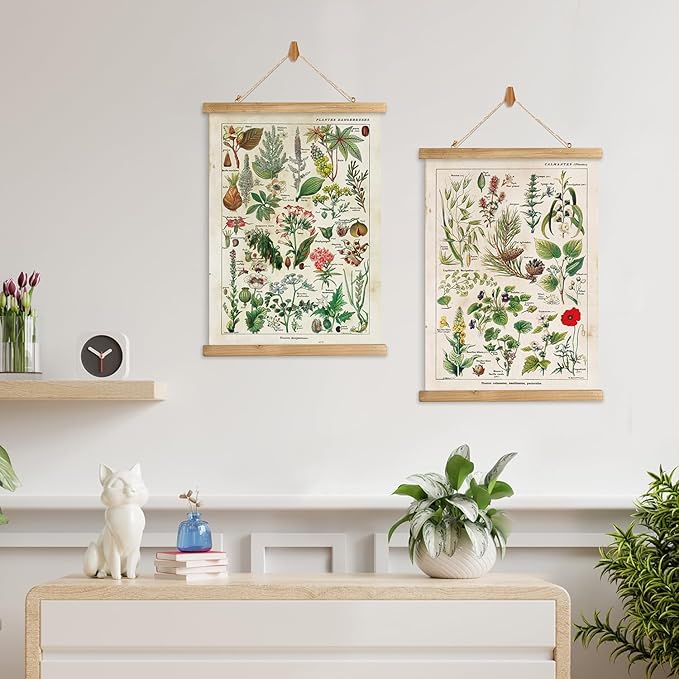 XIAOAIKA 2 Pack Vintage Plants Poster Hanger Frame, Retro Style Wall Decor Art Painting, Patterns are Printed on Linen Without Fading, Scrolls Made of Fir are Durable (16 x 23 inch)