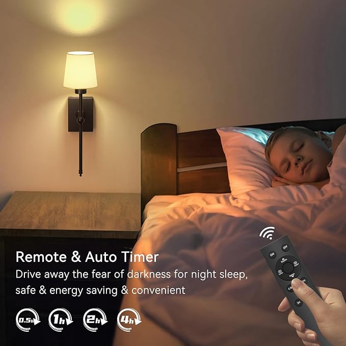 Rechargeable Battery-Operated Wall Sconces Set of 2: Black Wireless Wall Lights with Touch and Remote, 6000mAh Battery Powered Scone Lighting Cordless Wall Lamp for Bedroom Living Room Hallway