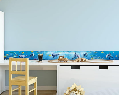 FLFK Peel and Stick Wallpaper Border Wall Decals for Kids Room - Under The Sea Fish Stickers Murals, 7" x 240" (Blue)