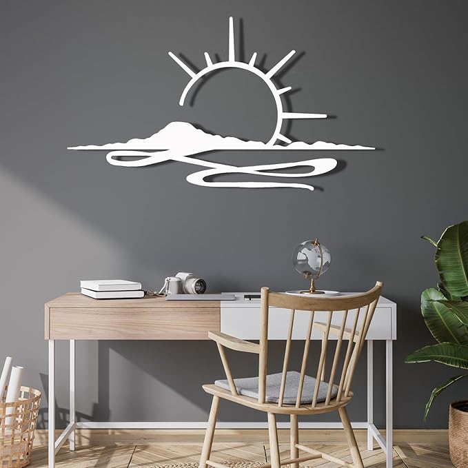 Metal Wall Art Sunrise, Metal Wall Art Sunset, Minimalist Line Art, Sunrise Or Sunset Decor For Living Room, Bedroom, Outdoor, Housewarming Gift (White, 41 x 23 inches / 105 x 60 cm, metal wall art)