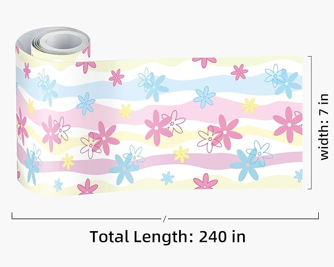 FLFK Wallpaper Border, Rainbow Flowers Peel and Stick Wall Border Self Adhesive Wall Paper Borders for Bedroom Living Room Girl's Room Kitchen Bathroom 7"x240"