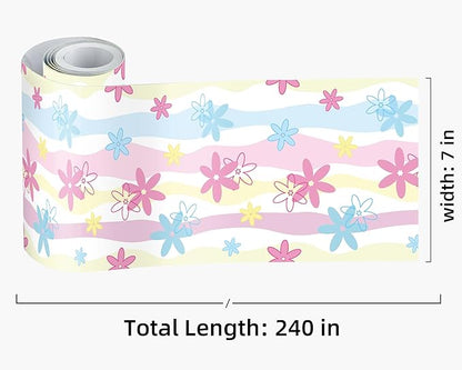 FLFK Wallpaper Border, Rainbow Flowers Peel and Stick Wall Border Self Adhesive Wall Paper Borders for Bedroom Living Room Girl's Room Kitchen Bathroom 7"x240"