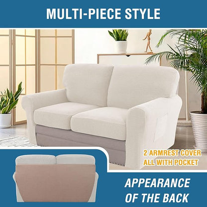 H.VERSAILTEX Multi-Pieces Sofa Covers Stretch Couch Covers Form Fitted Seats and Back Cushions Covers (2 Seat Covers Plus 2 Back Cusion Covers, Bonus 2 Armrest Covers), Ivory