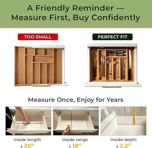 6-Piece Bamboo Drawer Organizer Set, 2.2" Deep Multi-Use Organizers for Utensils, Silverware, Cutlery, Desk, Bathroom, Junk Drawer & Makeup, Non-Slip Feet Included.