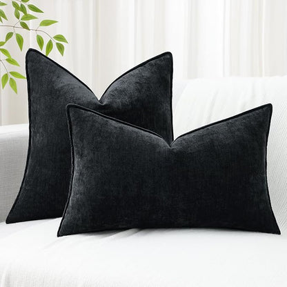 decorUhome Spring Couch Throw Pillow Covers 12x20 Set of 2, Decorative Soft Velvet Neutral Chenille Lumbar Pillow Covers with Elegant Design for Sofa Bed Living Room Home Decor, Black