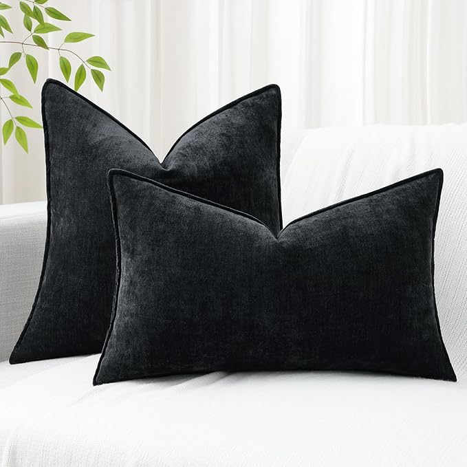 decorUhome Spring Couch Euro Sham Throw Pillow Covers 26x26 Set of 2, Decorative Soft Velvet Neutral Chenille Pillow Covers with Elegant Design for Sofa Bed Living Room Home Decor, Black