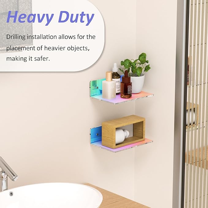 Sezanrpt 9 Inches Iridescent Floating Shelves Acrylic, White Wall Shelves for Living Room Décor, Bedroom, Bathroom, Kitchen, Dining Room, Brand Store, Retails, Gaming Room, 2 Pack