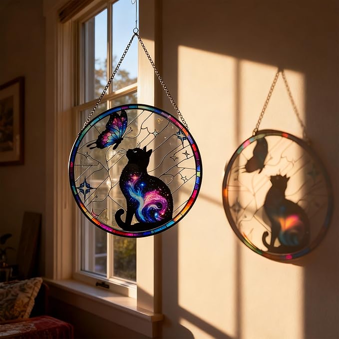 Black Cat Stained Glass Window Hanging, 9.8'' Black Cat & Butterfly with Nebula Design Suncatcher Indoor Outdoor Home Decor for Cats Lovers, Gift for Halloween