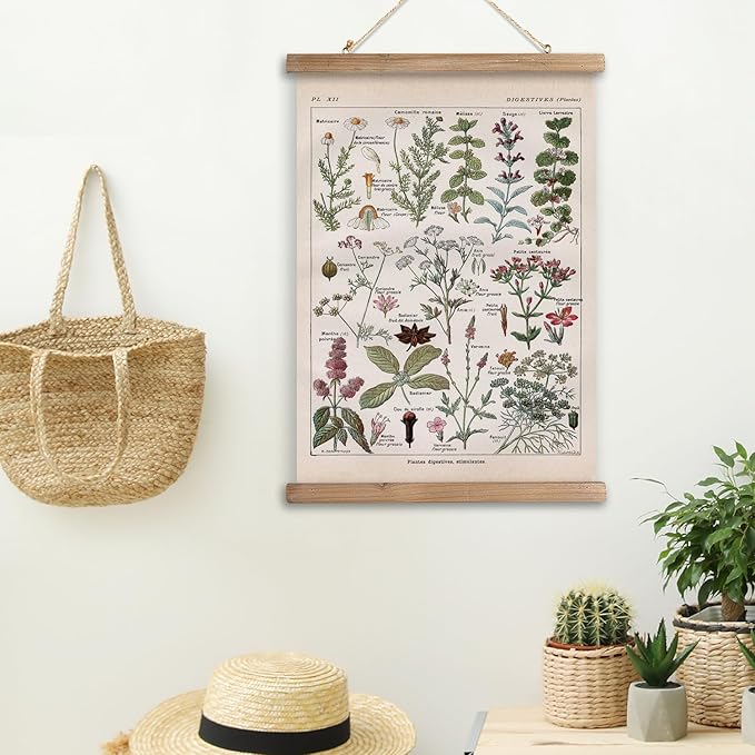 XIAOAIKA Vintage Botanical Herbs Illustration Poster - Retro Medicinal Plant Chart with Wooden Frame - Educational Herbal Reference for Home, Kitchen, or Classroom Decor 16 x 23 Inches