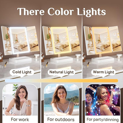 Rechargeable Large Makeup Device with Lights, 1x/2x/3x Magnification & Dimming, 3 LED Color Modes, 4H Cordless Portable Tool for Women - Perfect Valentines Gift