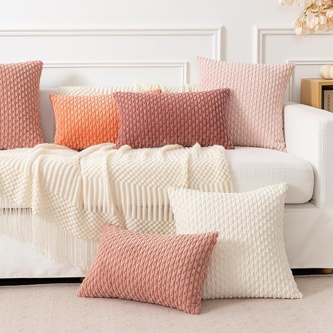 Kevin Textile Valentines Day Throw Pillow Covers Soft Corduroy Decorative Set of 2 Boho Striped Pillow Covers Pillowcases Farmhouse Home Decor for Couch Bed Sofa Living Room 26x26 Inch Blush Pink