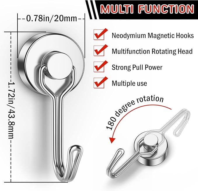 FINDMAG Magnetic Hooks, 40lbs+ Strong Magnetic Hooks for Cruise Cabins, Neodymium Magnet with Hook for Hanging, Magnetic Swivel Swing Hooks for Grill, Classroom, Home, Refrigerator (10 Pack, Silver)