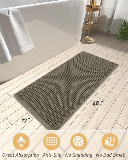 Upgraded Waffle Runner Rug, Super Absorbent Non Slip Bath Mats for Bathroom Floor, Machine Washable Bathroom Runner Rug with Tassels, Ideal for Hallway Bedroom Laundry Room, Dark Green, 17" x 48"