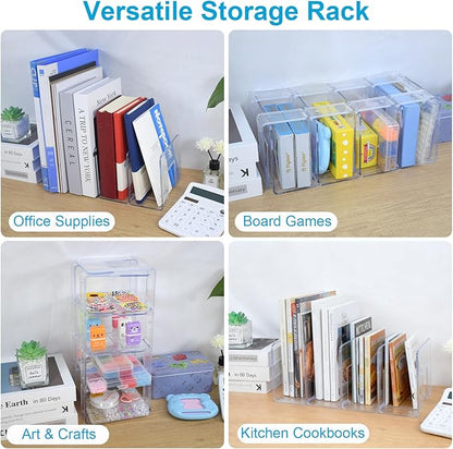 Marte Vanci Clear Acrylic File Sorter, Sturdy Desk File Organizer Shelf Book Holder Purse Handbag Clutch Divider File Folder Rack for Letter Cookbooks Home Office Kitchen Supplies 4 Sections (2 Pcs)