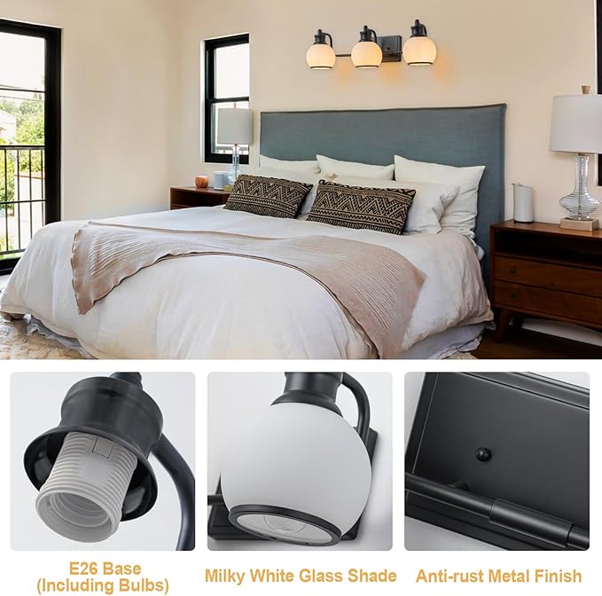 3 Light Modern Bathroom Light Fixtures Over Mirror (LED Bulbs Included), Black Vanity Lights for Bathroom Wall Sconces with Milky White Globe Glass Shades