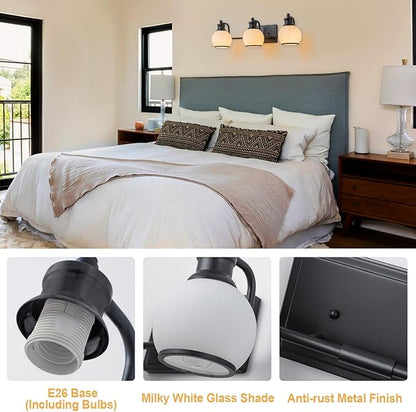 3 Light Modern Bathroom Light Fixtures Over Mirror (LED Bulbs Included), Black Vanity Lights for Bathroom Wall Sconces with Milky White Globe Glass Shades