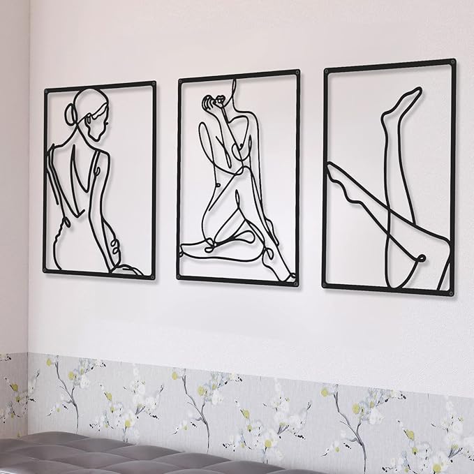 CHENGU 3 Pieces Metal Minimalist Abstract Woman Wall Art Line Drawing Wall Art Decor Single Line Female Home Hanging for Kitchen Bathroom Living Room