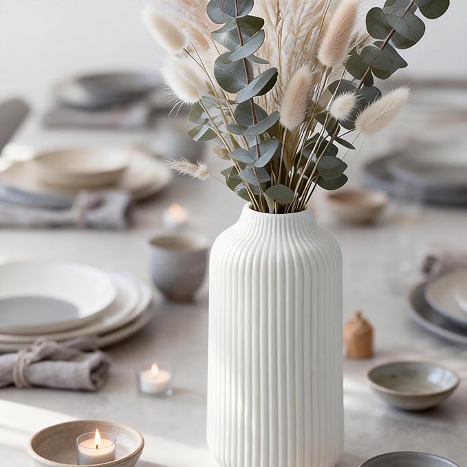 Ceramic Vase in Nordic Style, Decovase Large for Pampas Grass as Boho Deco, Vase White Matt 10 inch for Flowers, Scandinavian Design Home Decoration for Fresh Flowers, Dried Flowers (Size L)