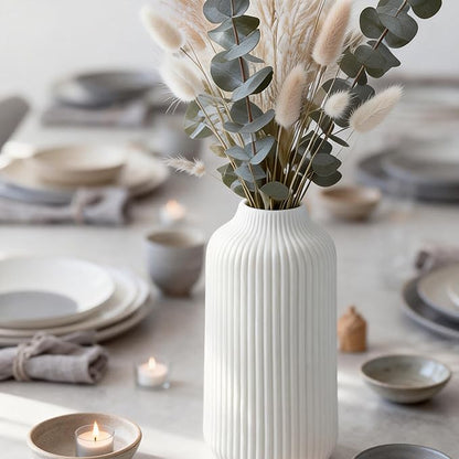 Ceramic Vase in Nordic Style, Decovase Large for Pampas Grass as Boho Deco, Vase White Matt 10 inch for Flowers, Scandinavian Design Home Decoration for Fresh Flowers, Dried Flowers (Size L)
