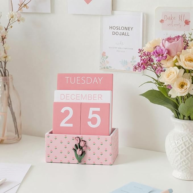 Pink Tulip Wood Block Perpetual Calendar Coquettish Desk Decor Cute Month Week Date Display Decorative Block Calendar for Women Office Home Desk Gift for Women