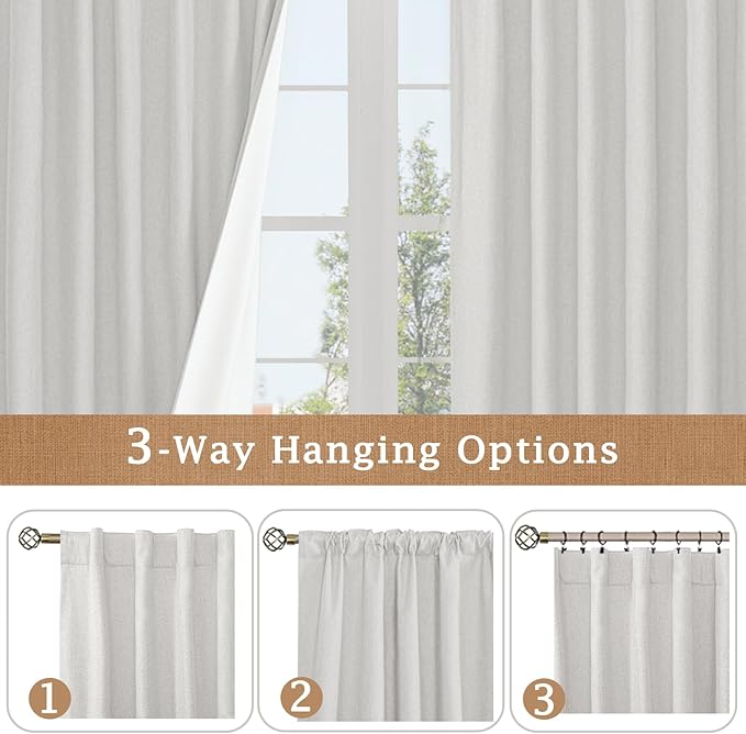 LAMIT 100% Blackout Linen Curtains, 72 Inch Linen Textured Living Room Curtains Room Darkening Back Tab and Rod Pocket Burlap Neutral Panels with White Liner, 2 Panels, 52 x 72 Inch, Light Grey
