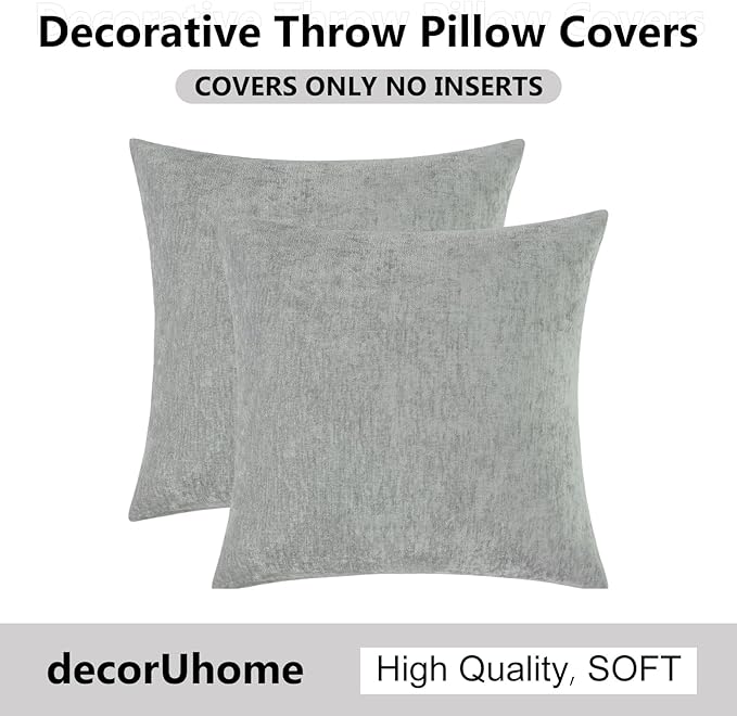 decorUhome Chenille Grey Spring Throw Pillow Covers 22x22 Inch Set of 2, Decorative Soft Couch Pillow Covers Solid Dyed Accent Farmhouse Neutral Square Pillow Cases for Sofa
