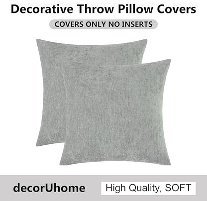 decorUhome Chenille Grey Spring Throw Pillow Covers 26x26 Inch Set of 2, Decorative Soft Couch Pillow Covers Solid Dyed Accent Farmhouse Neutral Square Pillow Cases for Sofa