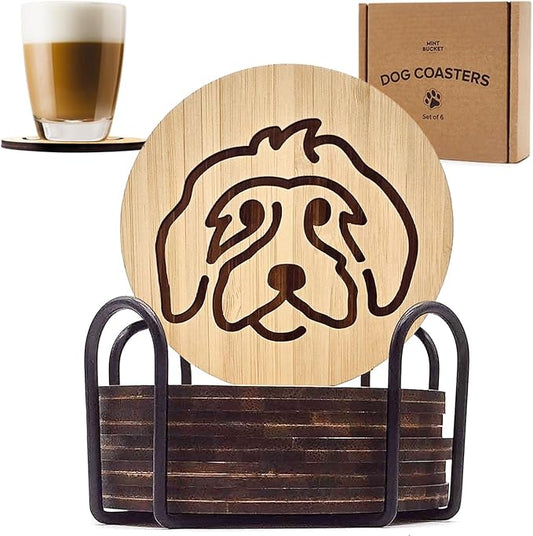 Set of 6 Bamboo Laser-Engraved Fun Dog Coasters with Iron Holder - Gift Packaging 3.9 Inch Non-Stick Absorbent Durable and Unbreakable Wooden Cup Coasters for Dog Lovers (Doodle)