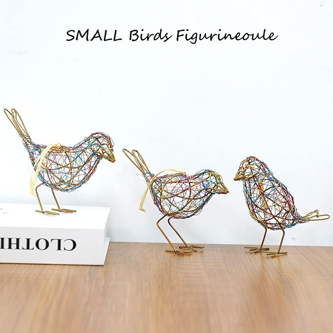 Modern Bird Statue Table Decor Set of 3 - Christmas Ornament - Handmade Metal Bird Sculptures with Colorful Wire Weaving, Multi-Pose Rustic Home Accent