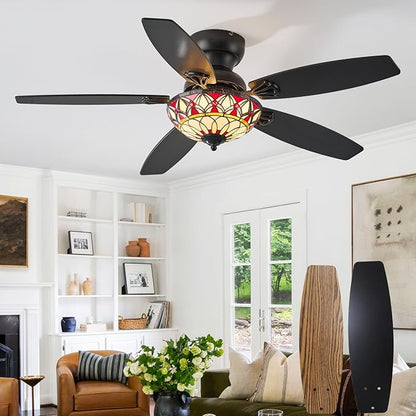 Tiffany Ceiling Fans with Lights - 48" Ceiling Fan Chandelier with 5 Dual-Blades and Glass Shade, 6 Speeds and Reversible, Indoor and Outdoor, Retro Style